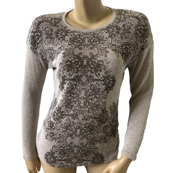 FRENCH BLUE Womens Petite Size PS Long Sleeve Embellished Bohemian Print Sweater - Picture 1 of 5